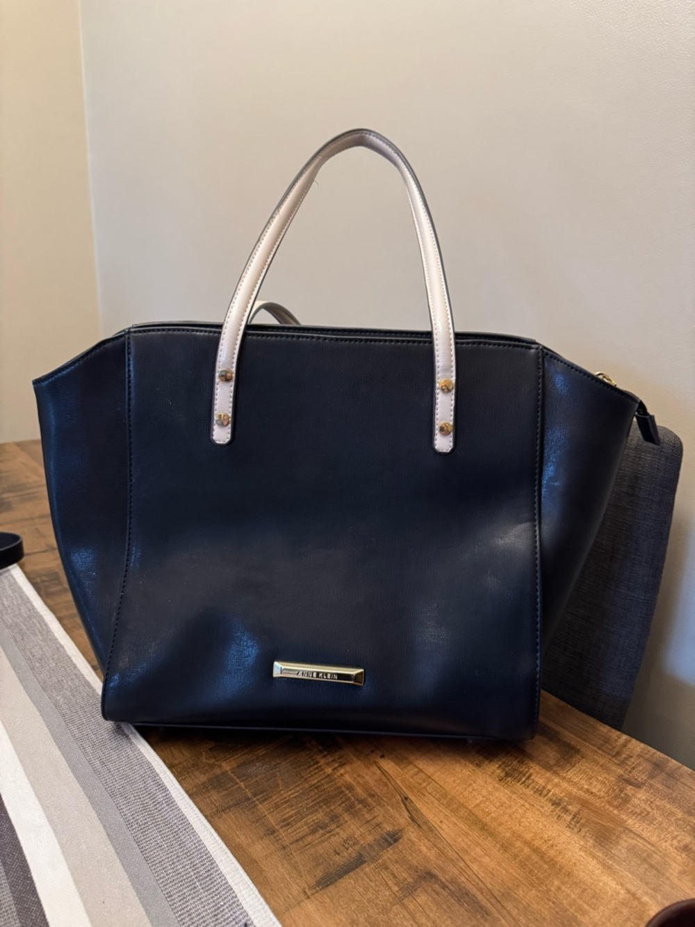 Anne Klein Black Tote with Cream Handles and Gold Hardware